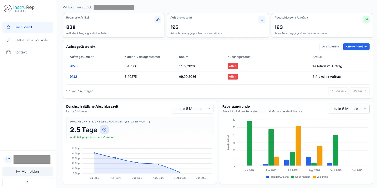 InstruRep Kundenportal – Willkommen, Auftragsübersicht und Analytics